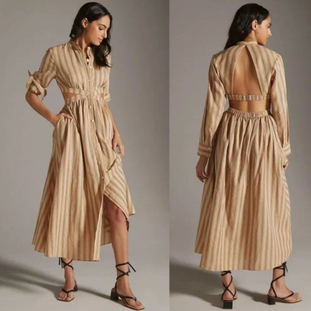 Striped Tan Button-Front Midi Dress with Open Back